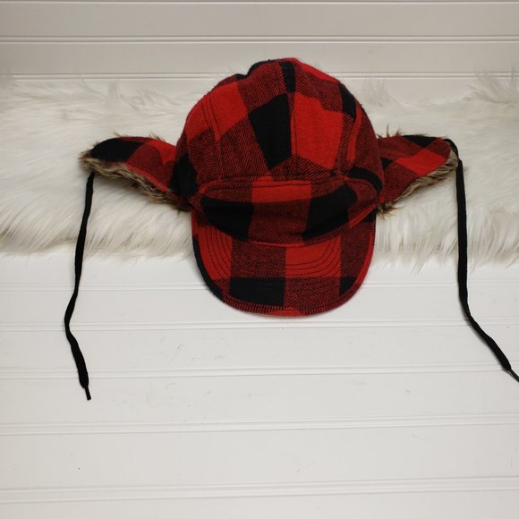 Free Authority Trapper Wool Blend Faux Fur Winter Cap Hat Red & Black Plaid EUC - Picture 4 of 8
